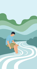 Peaceful Man Dipping Feet In Serene River Amidst Gentle Hill Landscape