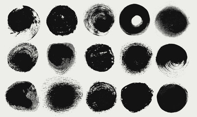 Circle grunge stamps and seals set with hand drawn rough round shapes. Black sun symbols, brush stroke circles and dots inspired by Japanese and Chinese calligraphy. Vector elements isolated on white. © Anatoliy