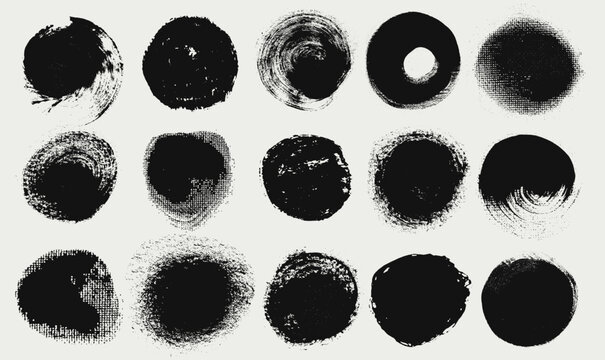 Circle grunge stamps and seals set with hand drawn rough round shapes. Black sun symbols, brush stroke circles and dots inspired by Japanese and Chinese calligraphy. Vector elements isolated on white.