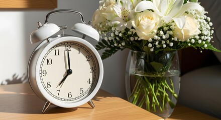 Naklejka premium Vintage alarm clock with white roses bouquet on wooden table minimal decor