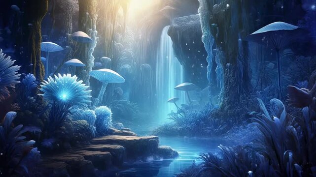Mystical Forest with Glowing Mushrooms and Waterfall