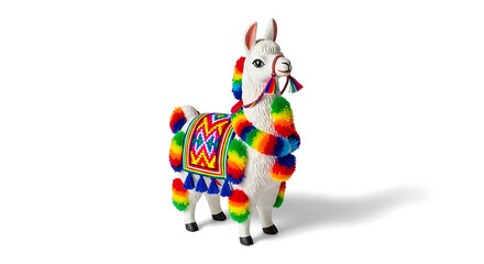 Obraz premium Colorful llama statue with rainbow decorations isolated on white background.
