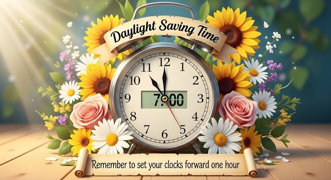 Daylight Saving Time clock with flowers spring forward reminder outdoor sunlight