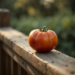 Close-up of a slightly dewy heirloom tomato placed gently on weathered pine railing