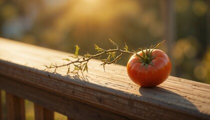 Tomato with stem still attached lying sideways on a smooth oak railing
