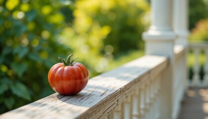 A single ripe red tomato resting on a sun-bleached wooden porch railing