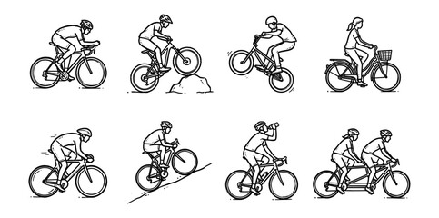 Naklejka premium Diverse Cycling Activities Doodle Line Art Vector Set: Road, Mountain, BMX, City, Tandem Bike Riders Collection for Sport, Fitness, and Outdoor Lifestyle Illustrations