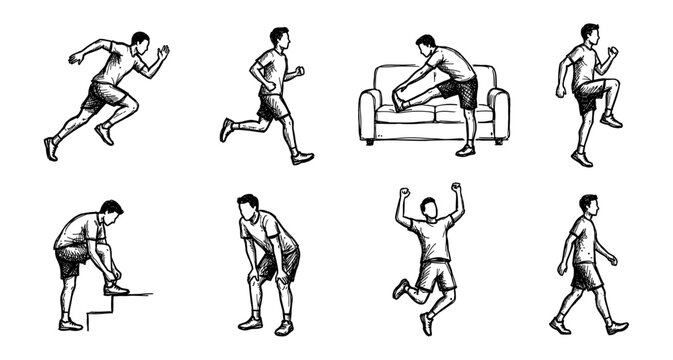 Dynamic Hand-Drawn Fitness Man Exercise Vector Set: Running, Sprinting, Stretching, Walking, Jumping, and Training Activities in Sketch Style for Active Lifestyles