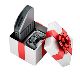 Generic video game console and controller inside giftbox on transparent background. 3D illustration © Destina