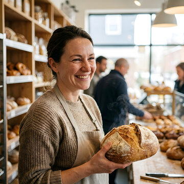 Woman holding fresh artisan bread in bakery shop