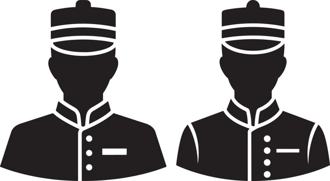 Bellhop or Doorman Silhouette Icons in Uniform, Representing Hotel Service and Hospitality