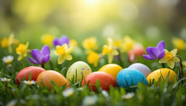 Vibrant Easter spring scene with decorated colorful eggs among blooming daffodils, crocuses, and daisies in lush green grass under warm sunlight

