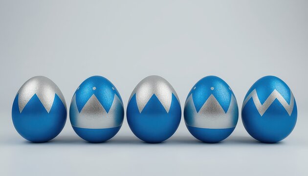 Artistic Easter design with glossy blue eggs decorated with silver zigzag patterns arranged in a row on light gray background with copy space
