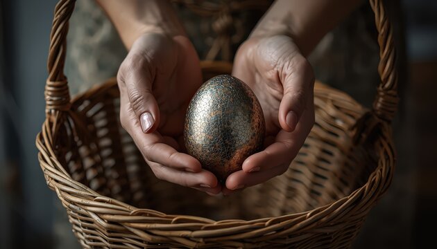Artistic Easter concept with metallic copper egg held above wicker basket on blurred soft background
