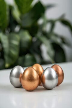 Luxury Easter composition with metallic silver and copper eggs on glossy white surface with blurred green leaves background
