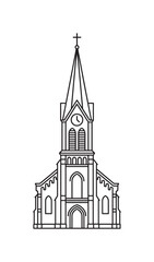 Obraz premium Black line art illustration of a Christian church with a tall steeple, cross, and clock tower in a minimalist vector graphic style for religious or architectural concepts