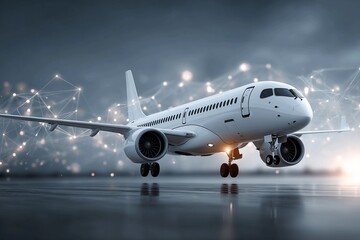 Naklejka premium New aircraft takes off from a modern airport during the evening with bright lights and digital connection graphics