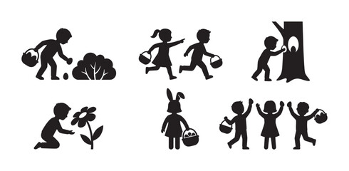 Set of black silhouettes of children participating in a festive Easter egg hunt, running and searching for eggs in bushes and trees while celebrating with baskets full of treats