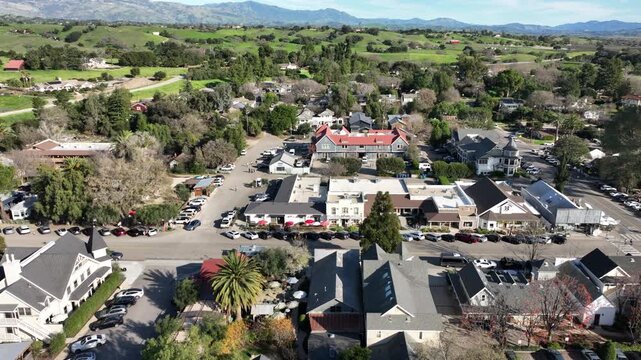 Los Olivos, California, USA &ndash; Elevated Aerial View of Downtown Grand Avenue With Restaurants, Small-Town Commercial Buildings, and the Santa Ynez Valley Mountains in the Background
