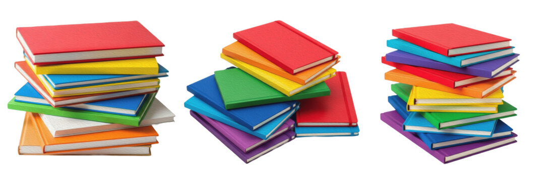 set of stacks of colorful hardcover books and notebooks isolated on transparent background png