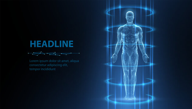 Futuristic human body scan inside glowing cylindrical beam on blue background. Medical analysis, biometric technology, healthcare monitoring, digital anatomy concept. Vector illustration.