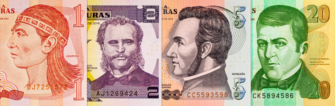 Lempira banknote Honduras of various denominations. Paper money of Honduras.