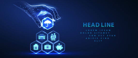 Futuristic hand controlling smart home icons on blue background. Home automation, digital security, wireless network, connected devices, innovation system concept. Vector illustration. © NeonGridStudio