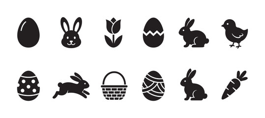 Obraz premium Collection of black Easter holiday icons featuring bunnies, decorated eggs, a chick, a basket, a carrot, and a tulip flower arranged in a simple, flat graphic symbol set