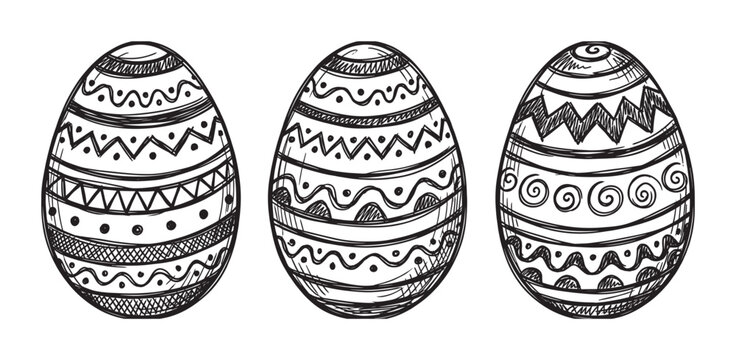 Three hand-drawn black and white Easter eggs decorated with intricate folk art patterns like zigzags, waves, and spirals in a charming rustic doodle illustration style