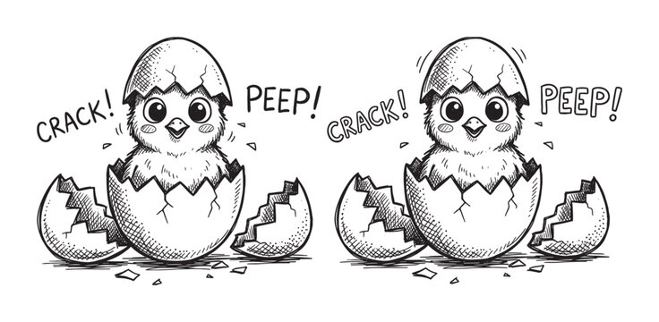 Two cute hand-drawn baby chicks hatching from cracked eggs in a charming black and white sketch style illustration with comic sound effects peep and crack