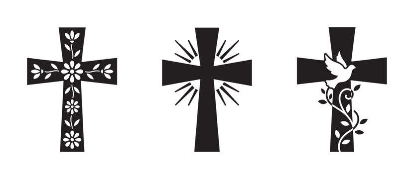 Three black Christian cross silhouettes with decorative floral, dove, and vine designs, a collection of religious symbols representing faith, spirituality, hope, and salvation