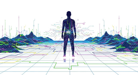 Human silhouette filled with electronic circuits stands ready within a vibrant digital landscape environment © PrimePixel Studio