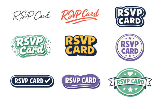 Variety of colorful rsvp card designs with decorative fonts and styles