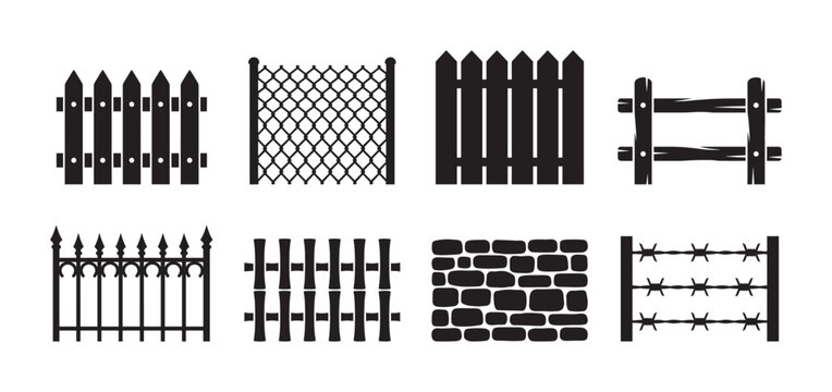 Collection of black fence icons showing various styles like picket, chain link, stone wall, and barbed wire in a simple graphic vector illustration set for design