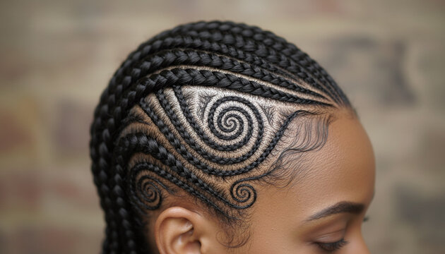 Close up of woman with intricate spiral cornrow braids and styled baby hairs