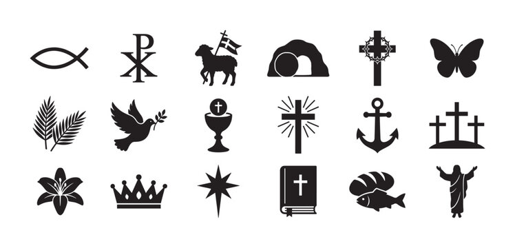 Collection of black Christian religious symbols including the cross, fish, dove, lamb, and empty tomb representing faith, hope, and salvation in a minimalist icon set