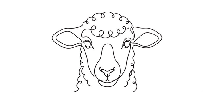 Sheep head drawn in a continuous one line art style, featuring a simple and modern black outline sketch of the farm animal with curly wool and a gentle expression