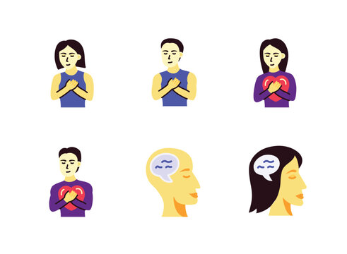Clean and soft-style illustrations showing gratitude, self-affirmation, mindful thinking, and emotional balance.
