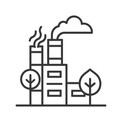 An industrial factory with smoke stacks and trees in view