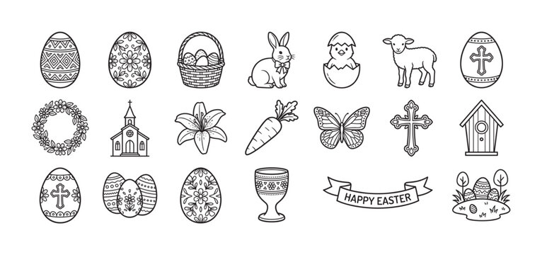 Set of black and white Easter line icons featuring a bunny, chick, lamb, decorated eggs, church, cross, and flowers for spring holiday celebration design