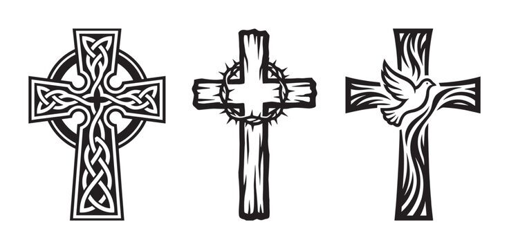 Three black Christian cross vector illustrations featuring a Celtic knotwork design, a wooden crucifix with a crown of thorns, and a cross with a dove representing the Holy Spirit