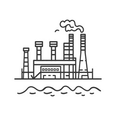 An industrial power plant emitting smoke near the water