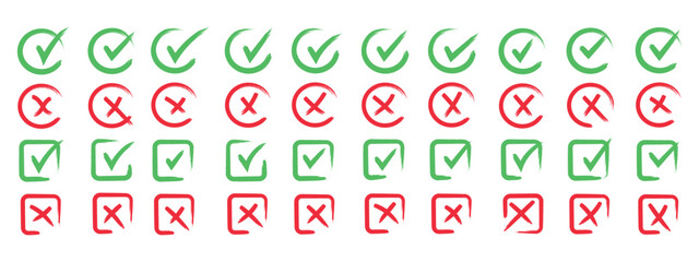Check tick mark icon set. Cross box x check mark checkbox list vector draw hand drawn sketch doodle brush marker checklist symbol wrong right circle. hand drawn, grunge X sign. hand drawn tick