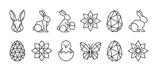 Geometric Easter icon set with polygonal bunnies, decorated eggs, a hatching chick, butterfly, and flowers, all rendered in a clean, modern black outline illustration style