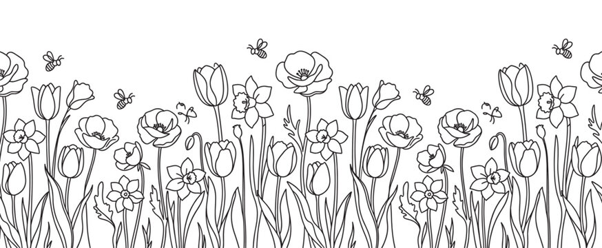 Black and white line art illustration of a spring flower border with blooming tulips, poppies, daffodils, and cute flying bees in a simple, elegant hand-drawn doodle style