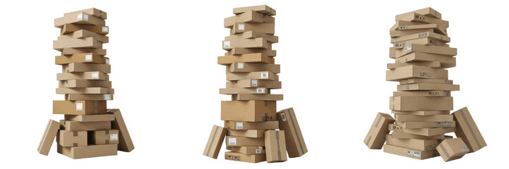Title: Set of Tall Cardboard Box Stacks and Shipping Package Piles PNG