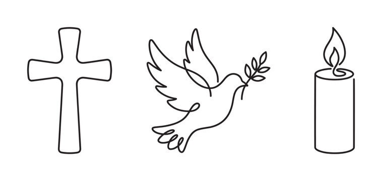 Christian religious symbols including a cross, dove with an olive branch, and a burning candle drawn in a minimalist continuous one line art style for faith and spirituality concepts