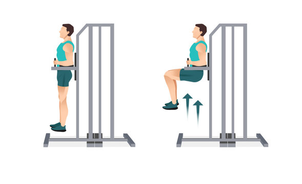 Man performing captain&rsquo;s chair leg raise exercise, vertical knee raise machine, core workout illustration isolated.