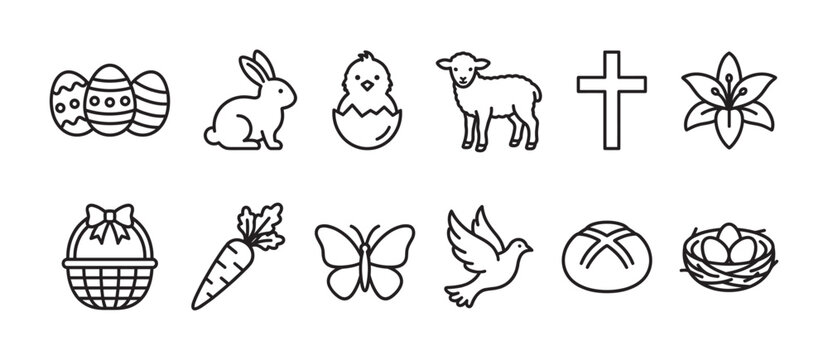 Set of black line art Easter icons featuring a bunny, chick, lamb, cross, and decorated eggs in a minimalist vector style for holiday celebration