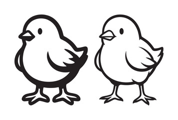 Naklejka premium Two simple black and white chick drawings in a cute cartoon style, one with a bold outline and the other with a fine line, representing new life, spring, and Easter celebrations